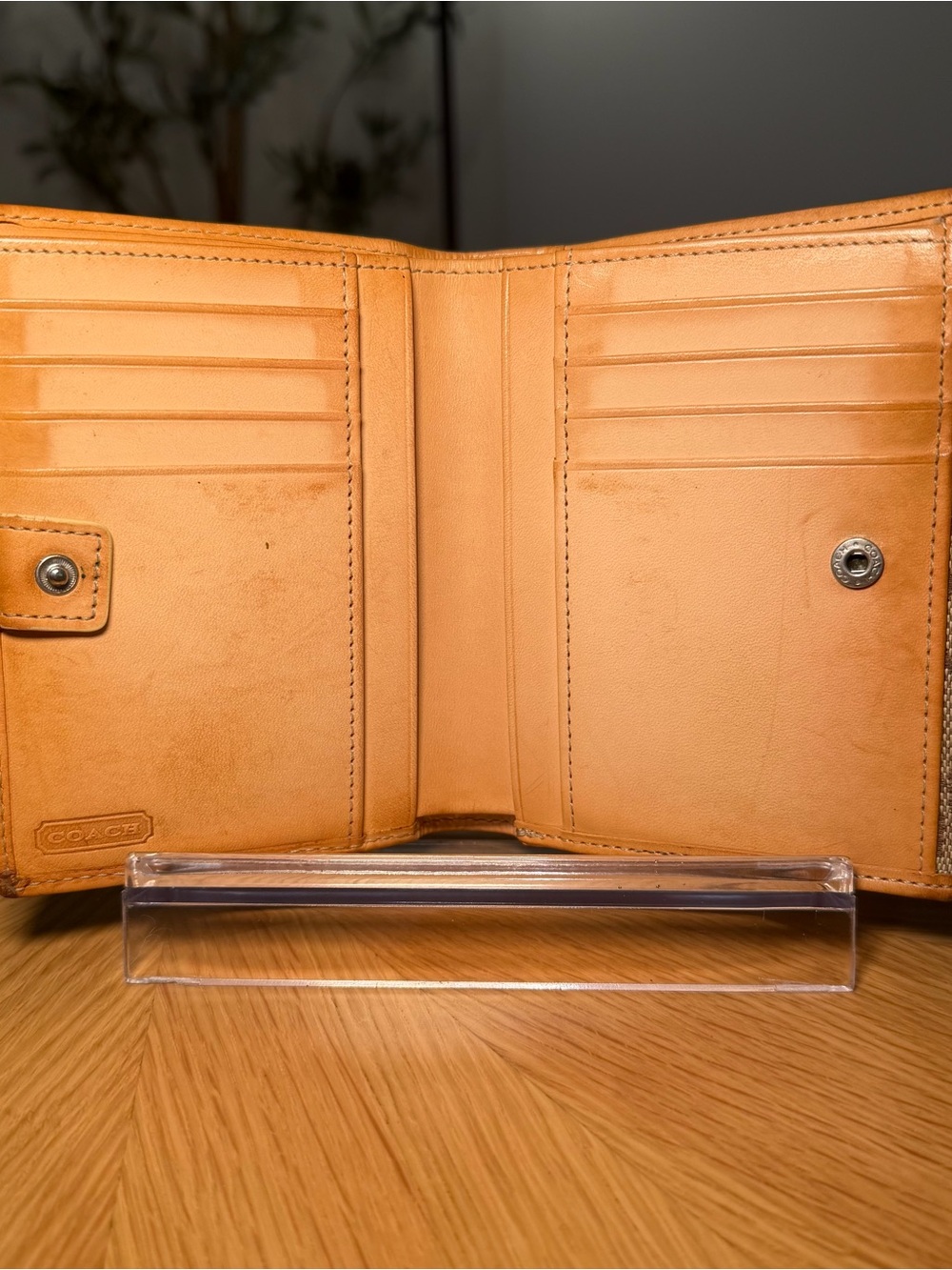 Coach Vachetta Leather Signature Canvas Trifold Wallet - Picture 6 of 16